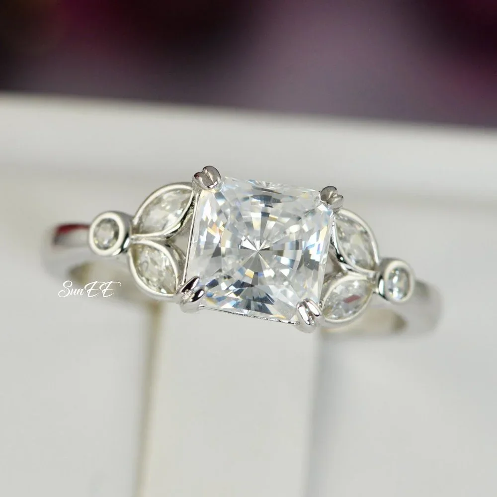 14k WHITE GOLD 925 STERLING SILVER PRINCESS CUT WEDDING BAND ENGAGEMENT RING - Picture 6 of 11
